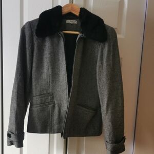 Jessica Gray Wool-Blend Pea Coat with Black Faux Fur Collar